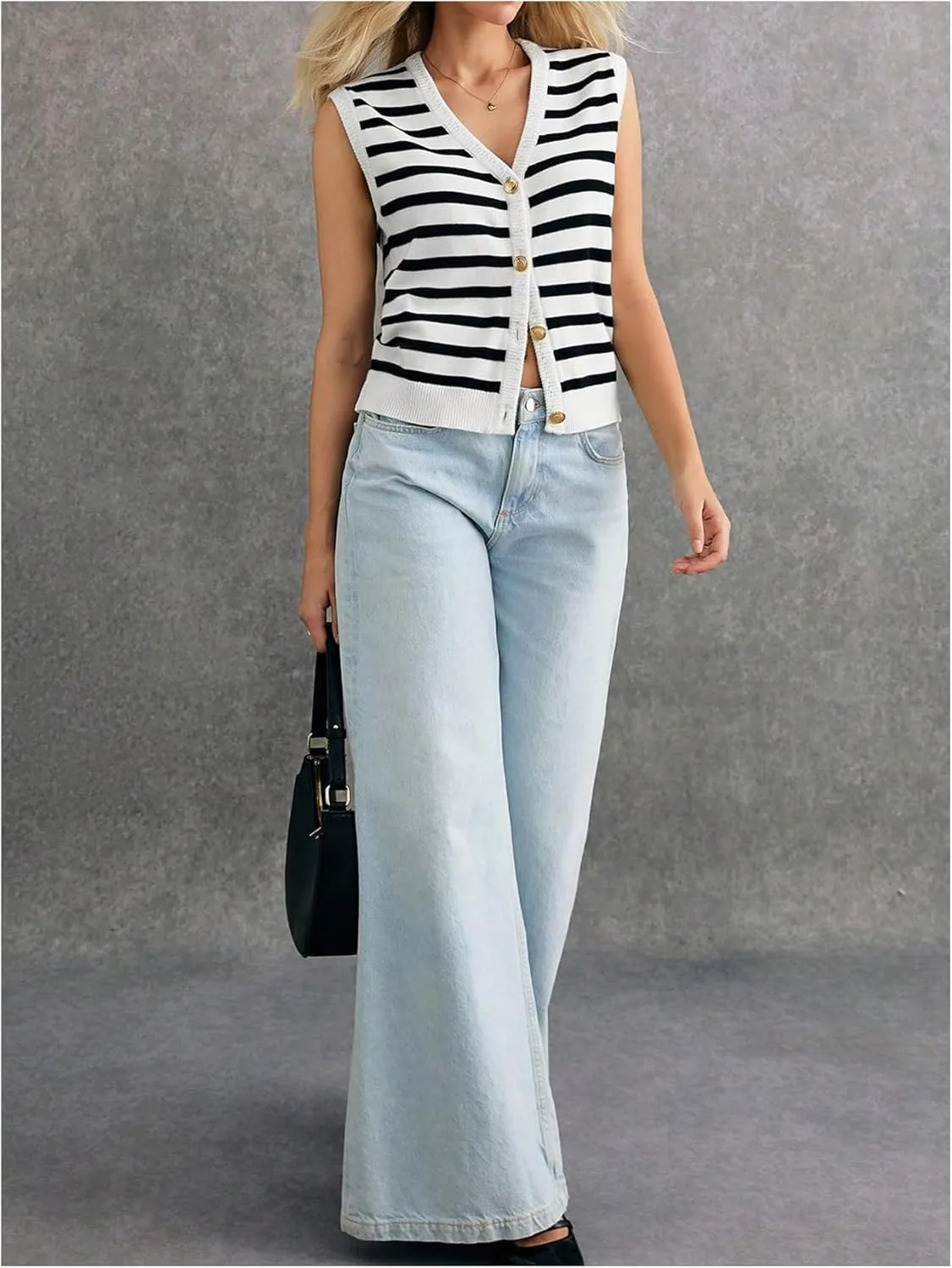 Women's V Neck Sweater Vest Button Down Sleeveless Vest Cardigan Casual Knit Vest