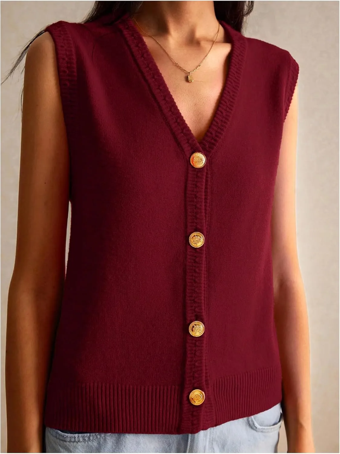 Women's V Neck Sweater Vest Button Down Sleeveless Vest Cardigan Casual Knit Vest