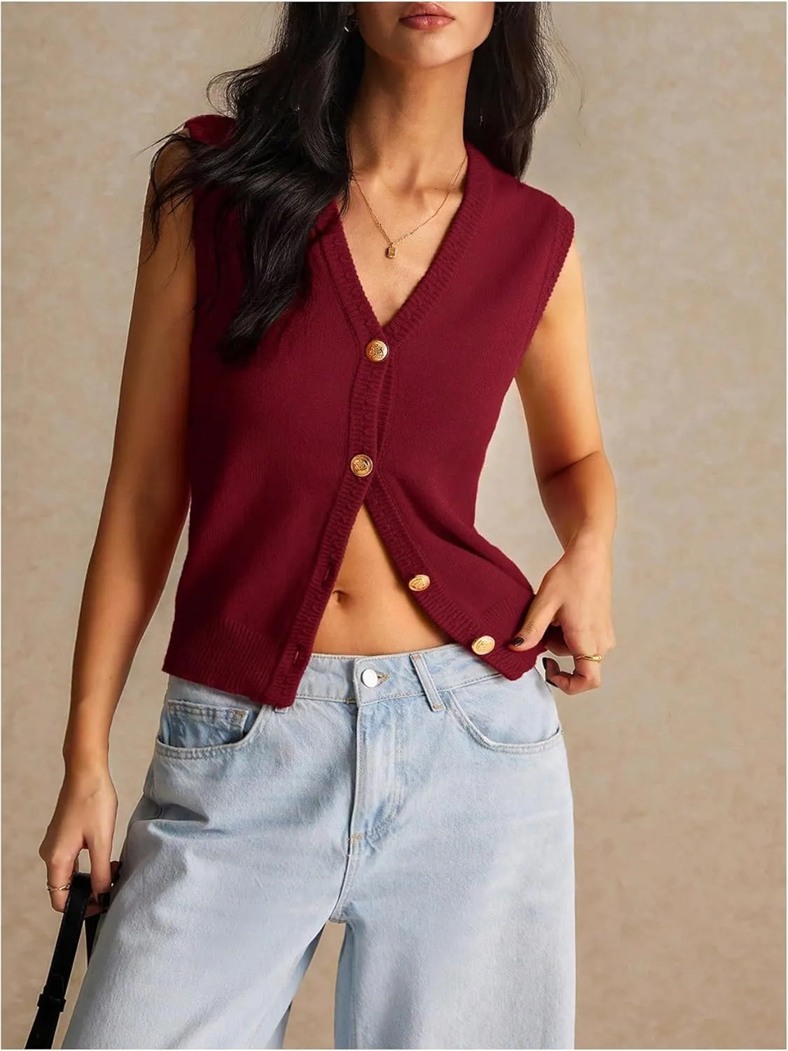 Women's V Neck Sweater Vest Button Down Sleeveless Vest Cardigan Casual Knit Vest