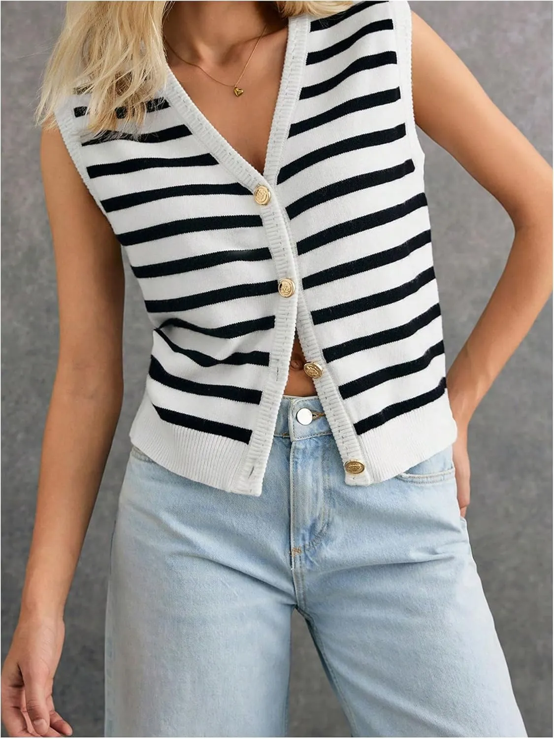 Women's V Neck Sweater Vest Button Down Sleeveless Vest Cardigan Casual Knit Vest