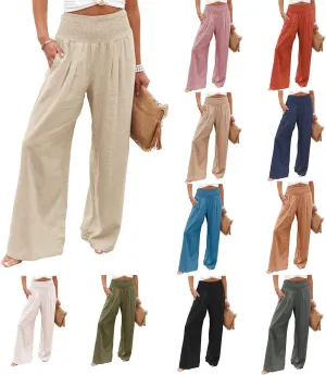 Women's Waist Wide Leg Loose Cotton Linen Palazzo Pants High Waisted Trousers Casual Flowy Pants with Pockets