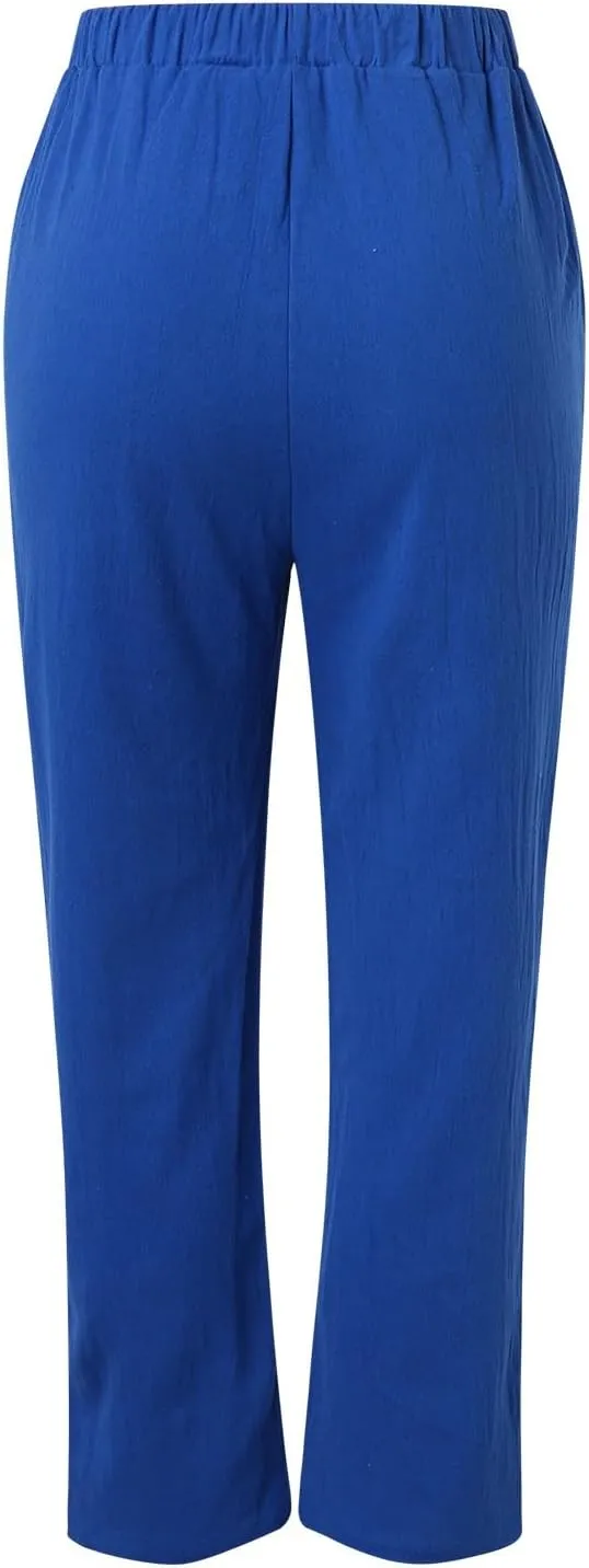 Womens Wide Leg Cotton Linen Pants Summer Casual High Waist Lightweight Lounge Slacks Oversized Beach Baggy Trousers