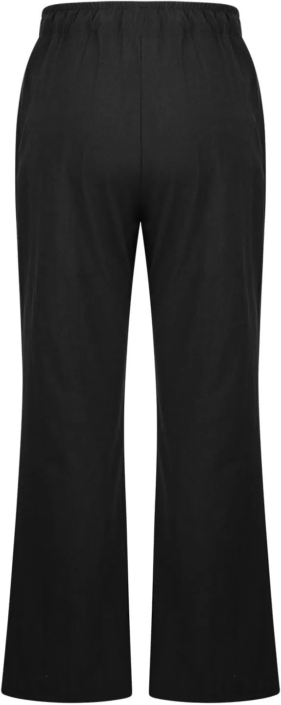 Womens Wide Leg Palazzo Pants Cotton Linen Elastic High Waist Pull-On Summer Casual Trousers with Pockets