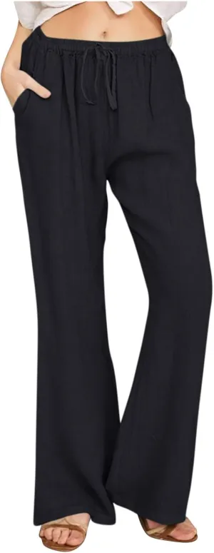 Womens Wide Leg Palazzo Pants Cotton Linen Elastic High Waist Pull-On Summer Casual Trousers with Pockets