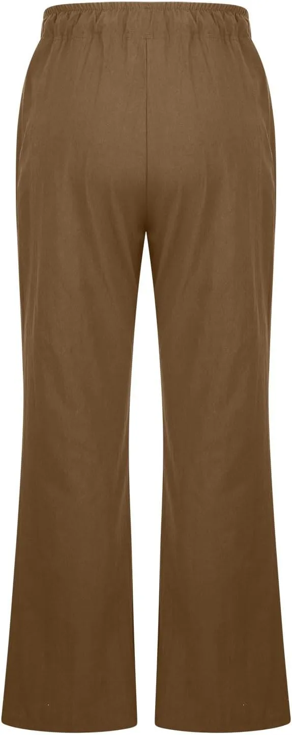 Womens Wide Leg Palazzo Pants Cotton Linen Elastic High Waist Pull-On Summer Casual Trousers with Pockets