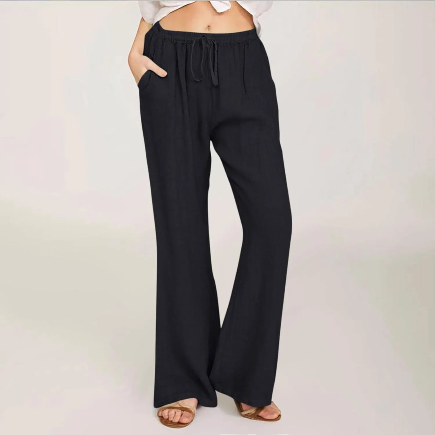 Womens Wide Leg Palazzo Pants Cotton Linen Elastic High Waist Pull-On Summer Casual Trousers with Pockets