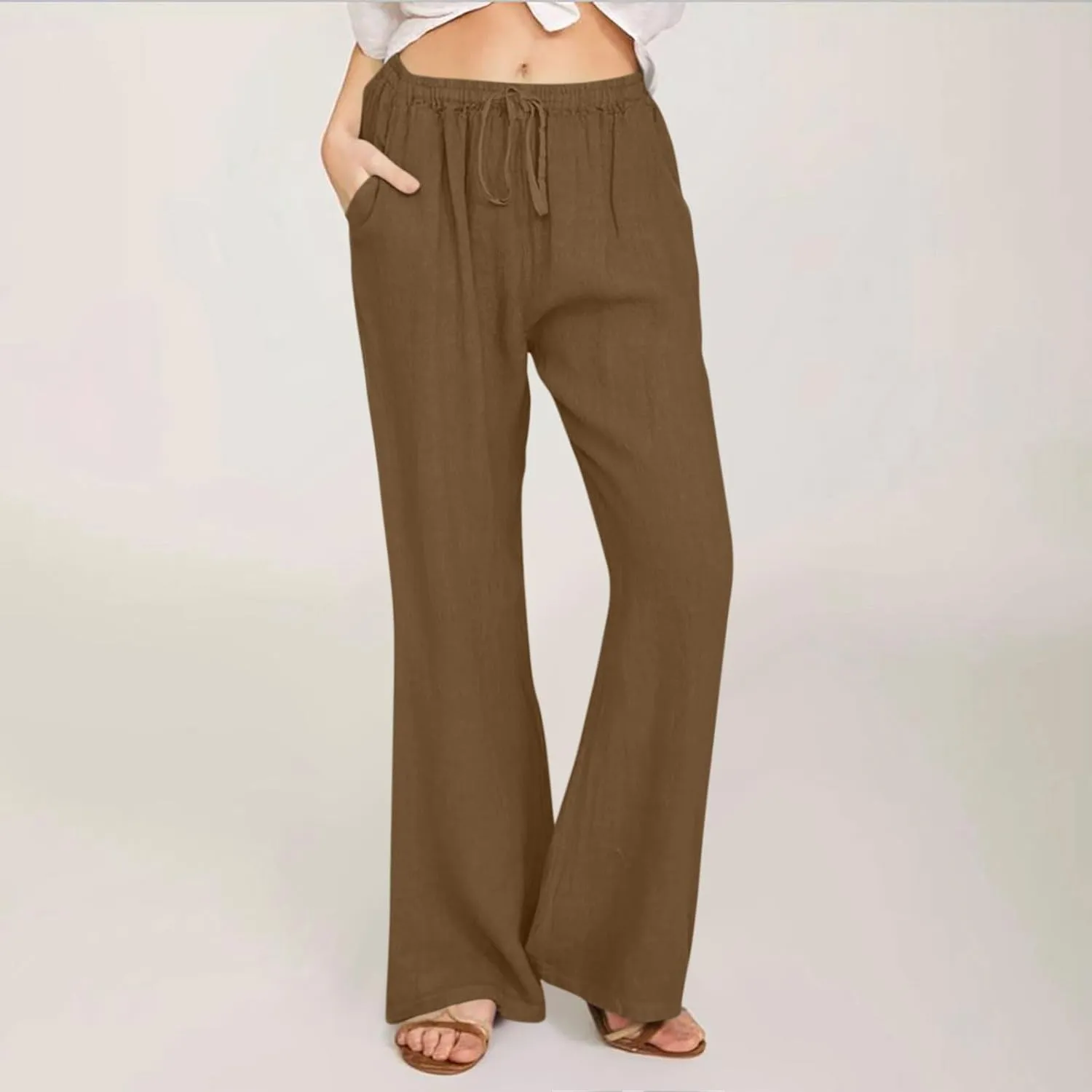 Womens Wide Leg Palazzo Pants Cotton Linen Elastic High Waist Pull-On Summer Casual Trousers with Pockets