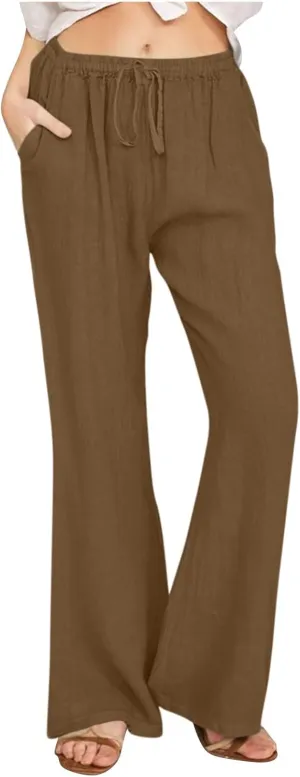 Womens Wide Leg Palazzo Pants Cotton Linen Elastic High Waist Pull-On Summer Casual Trousers with Pockets