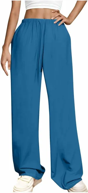 Womens Wide Leg Yoga Pants Linen Elastic High Waist Drawstring Lounge Trousers Summer Boho Flowy Slacks