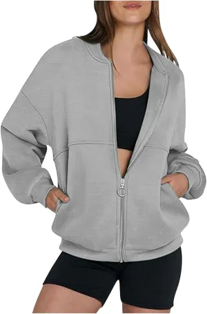 Women's Zip Up Sweatshirt Jackets No Hood Long Sleeve Sweatshirt Casual Loose Fit Outerwear with Pockets Fall Clothes
