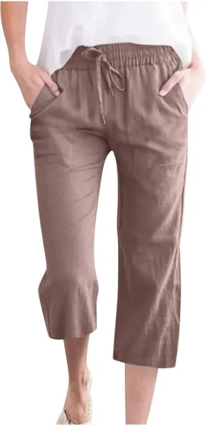 XUNRYAN Capris for Women Casual Summer 2023 Capri Leggings Lightweight High Waist Linen Cargo Pants Pockets Cropped Trousers