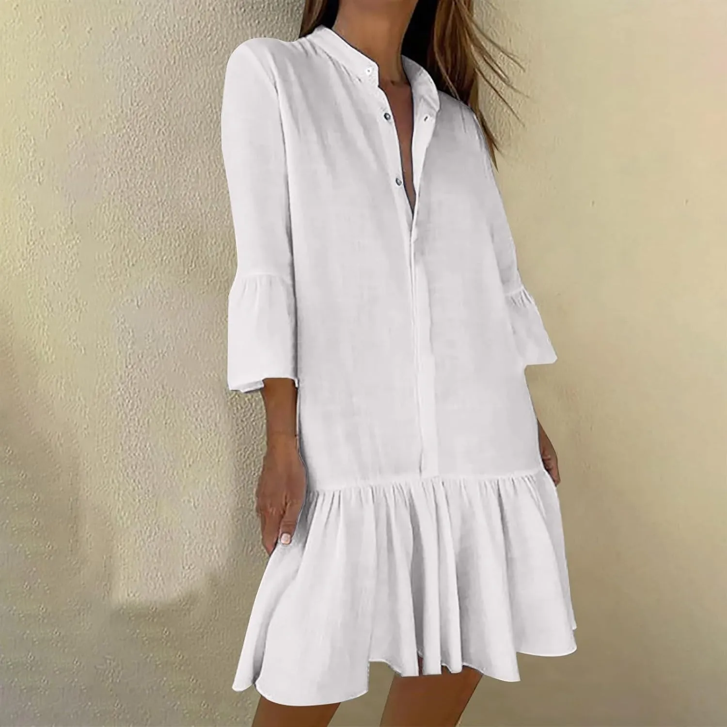 XUNRYAN Women's Summer Button Up Shirt Dress Casual Short Sleeve Blouse Dressy Tiered Ruffle Mini Dresses Beach Sundress