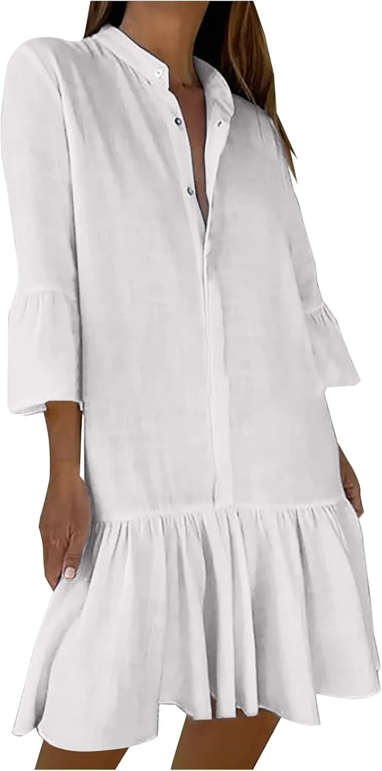 XUNRYAN Women's Summer Button Up Shirt Dress Casual Short Sleeve Blouse Dressy Tiered Ruffle Mini Dresses Beach Sundress