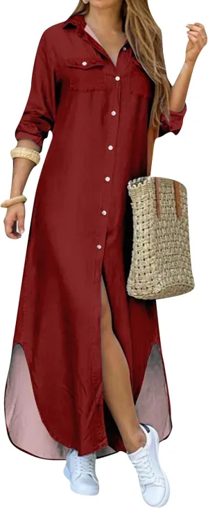 YMING Women's Long Sleeve Button Down Shirt Dress Spring Casual Maxi Dresses Loose Fit Blouse Dress with Pockets
