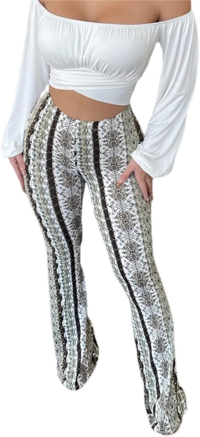 Yoawdats Women's Floral Print Elastic Waist Flare Pants Casual High Waist Slimming Long Pants Trousers Leggings Streetwear