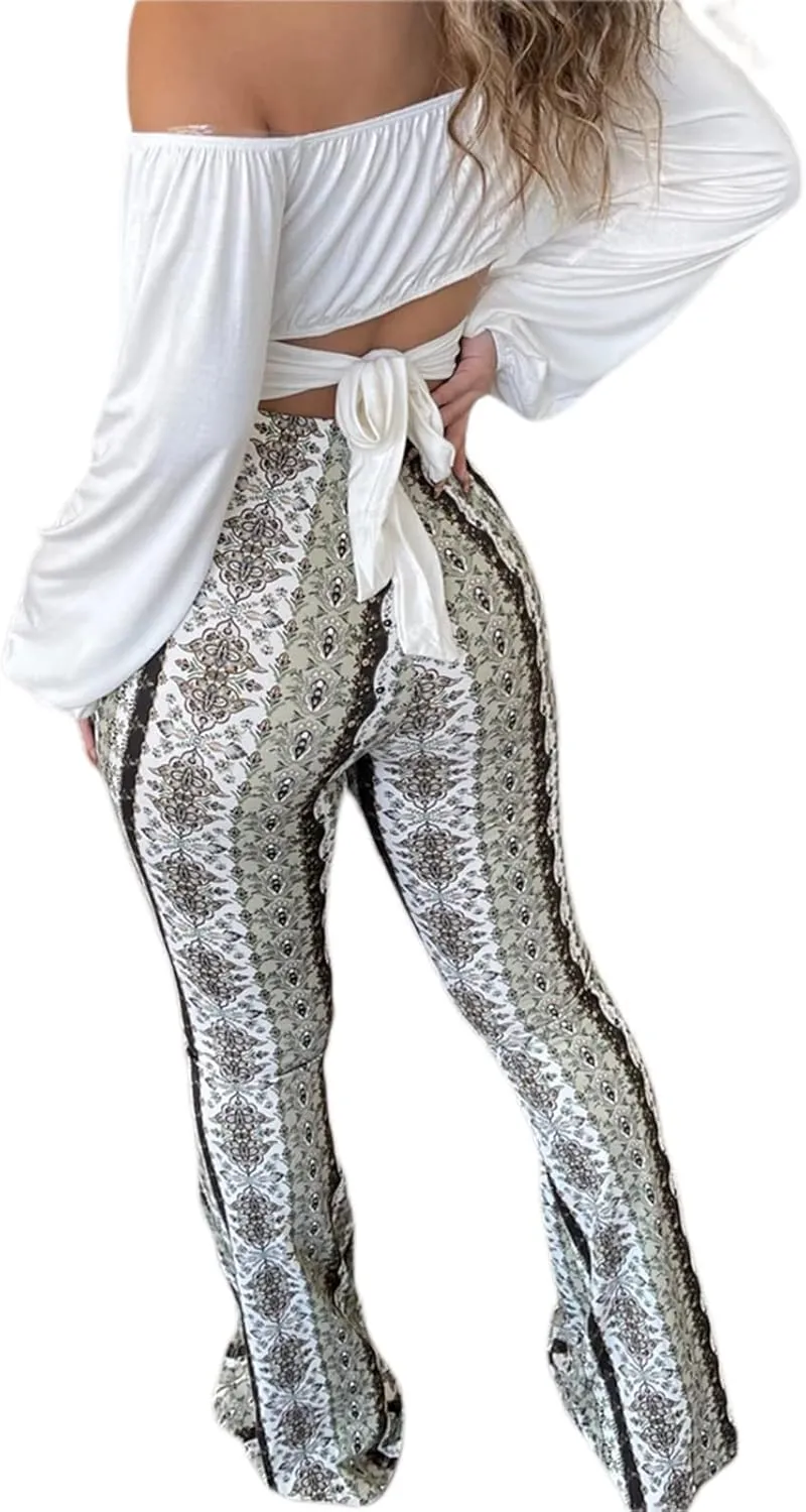 Yoawdats Women's Floral Print Elastic Waist Flare Pants Casual High Waist Slimming Long Pants Trousers Leggings Streetwear