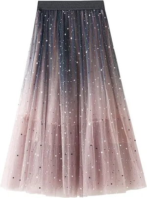 YOLAI Women Sequins Gradient Color Maxi Skirt Casual Pleated A Line Skirt High Waist Knee Length Skirt