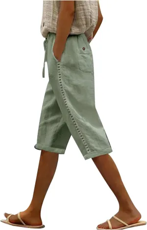 YRAETENM Linen Pants for Women Summer High Waisted Drawstring Lounge Pants Casual Loose Side Hollow Out Trousers with Pockets