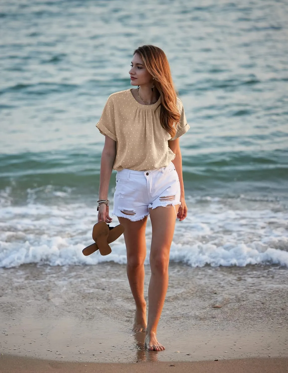 Zeagoo Women's Casual Swiss Dot Chiffon Summer Tops Round Neck Blouse Shirts Short Sleeve Work Office Loose Shirt