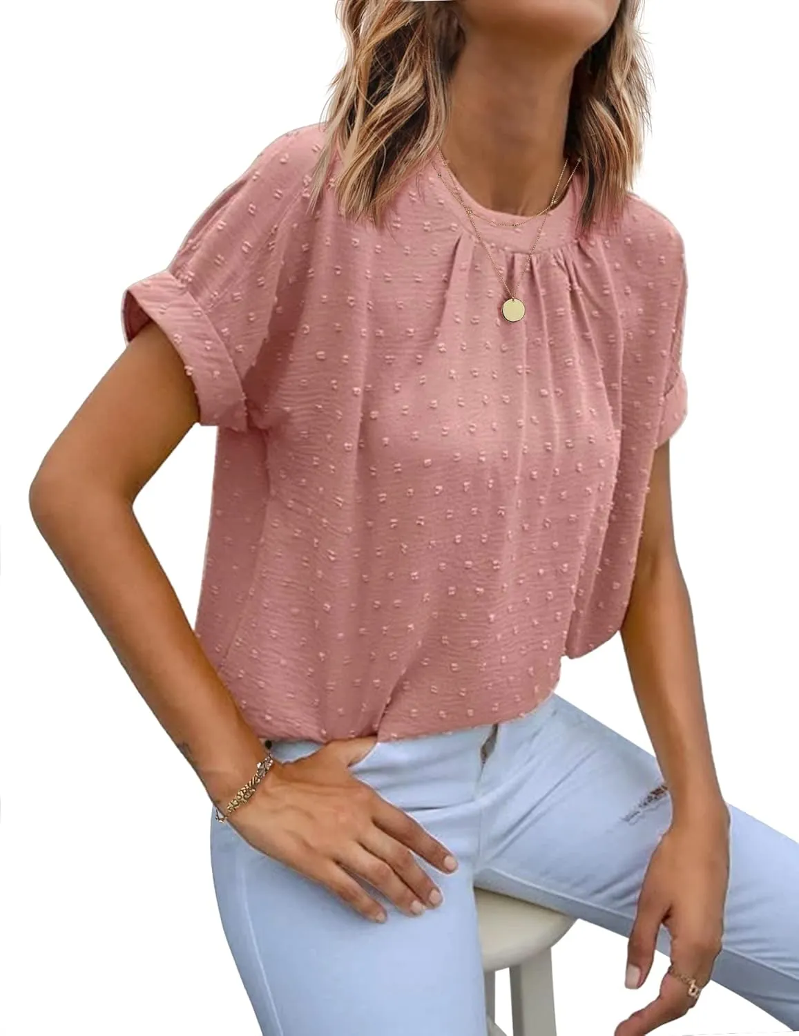 Zeagoo Women's Casual Swiss Dot Chiffon Summer Tops Round Neck Blouse Shirts Short Sleeve Work Office Loose Shirt