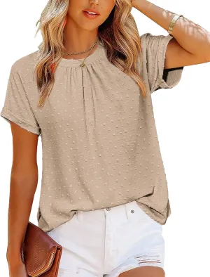 Zeagoo Women's Casual Swiss Dot Chiffon Summer Tops Round Neck Blouse Shirts Short Sleeve Work Office Loose Shirt