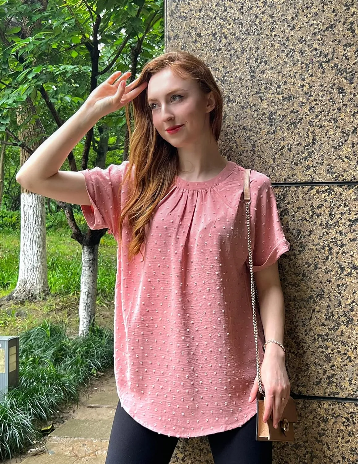 Zeagoo Women's Casual Swiss Dot Chiffon Summer Tops Round Neck Blouse Shirts Short Sleeve Work Office Loose Shirt