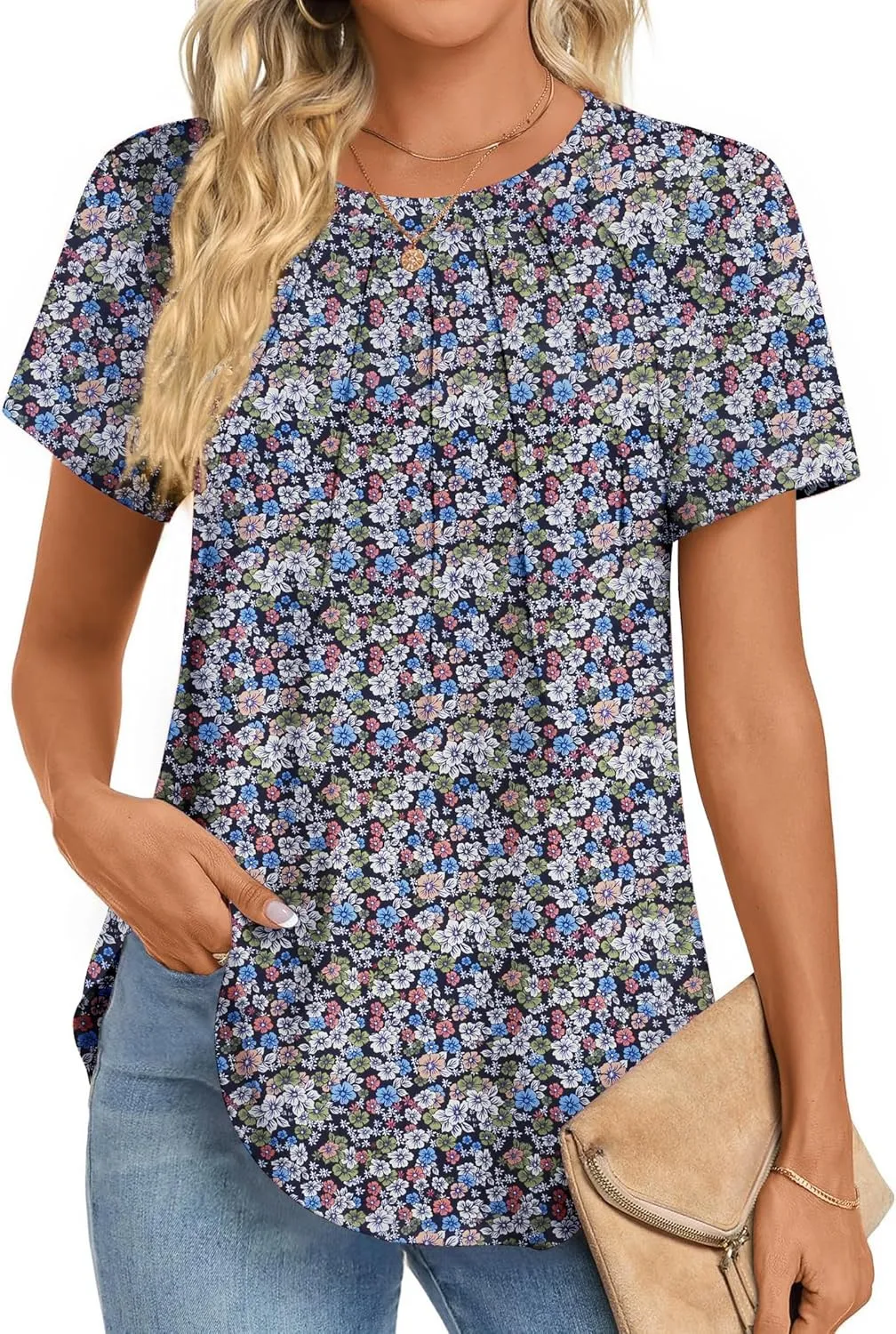 Zeagoo Womens Casual T Shirts for Summer 2025 Short Sleeve Crewneck Tunic Shirts Floral Print Tops Pleated Dressy Blouse