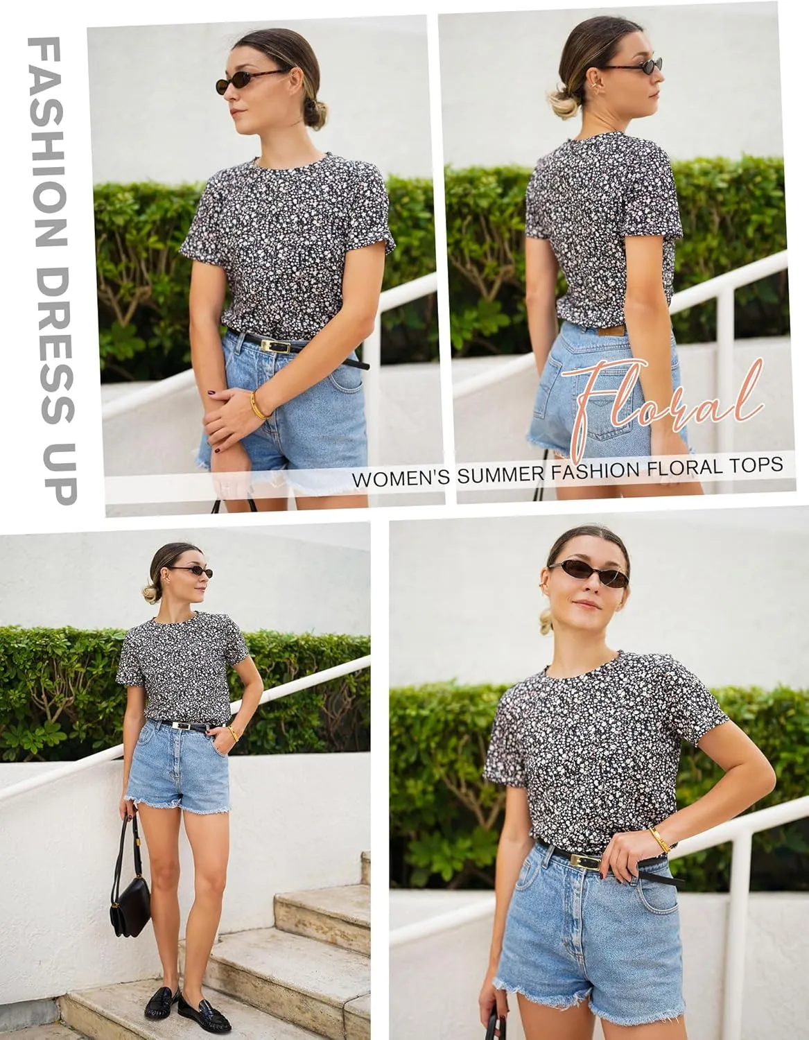 Zeagoo Womens Casual T Shirts for Summer 2025 Short Sleeve Crewneck Tunic Shirts Floral Print Tops Pleated Dressy Blouse