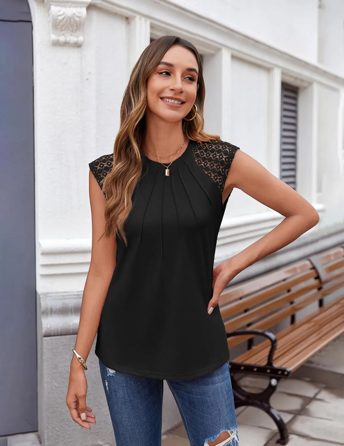 Zeagoo Women's Lace Cap Sleeve Tops Pleated Crewneck Summer Tank Tops 2025 Dressy Casual Sleeveless Shirts Blouse