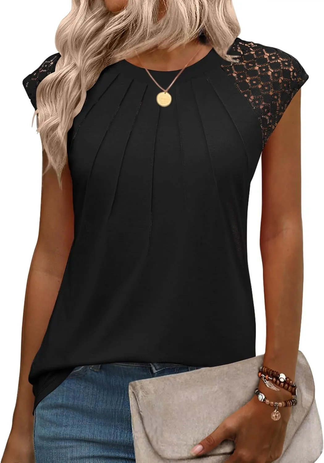 Zeagoo Women's Lace Cap Sleeve Tops Pleated Crewneck Summer Tank Tops 2025 Dressy Casual Sleeveless Shirts Blouse