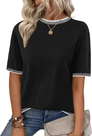 Zeagoo Womens Short Sleeve Sweaters Tops Knit Crewneck Loose Lightweight Summer Pullover Blouse Basic Casual Work Shirt