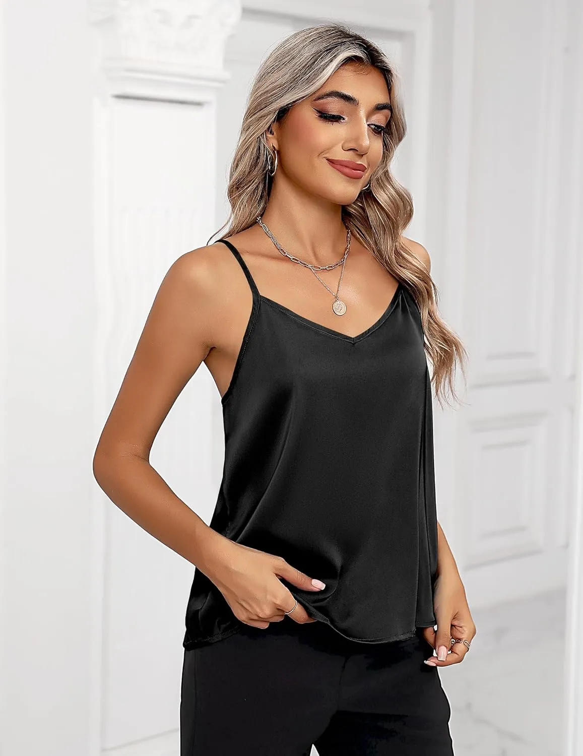 Zeagoo Women's Silk Satin Tank Tops 2025 V Neck Adjustable Spaghetti Strap Sleeveless Camisole Summer Basic Blouse