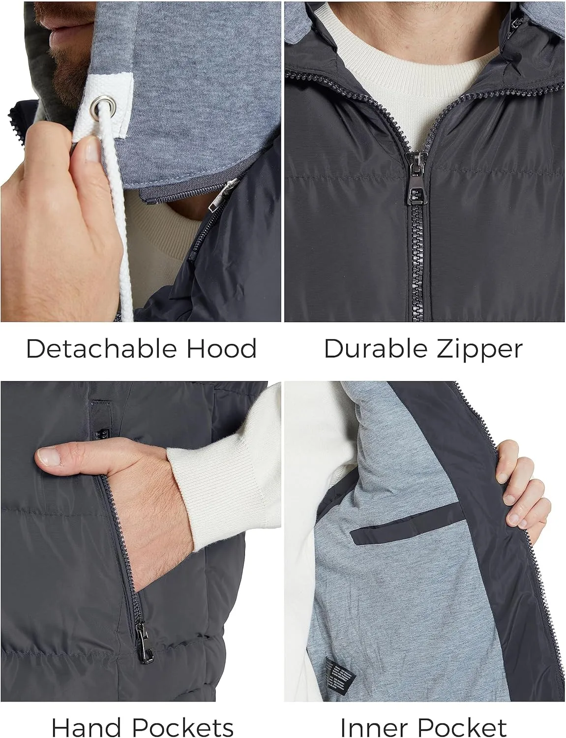 ZSHOW Men's Puffer Vest Removable Hooded Vest Outdoor Winter Vest